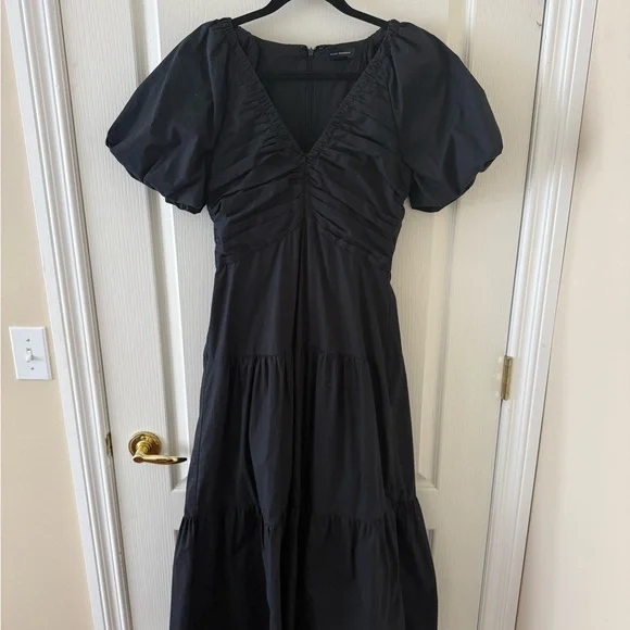 Club Monaco | Black Puff-Sleeve V-Neck Midi Dress Size 6 - Picture 1 of 6